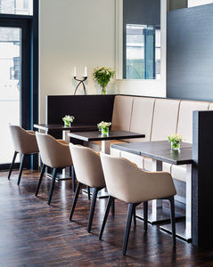 contemporary visitor chair / with armrests / upholstered / oak