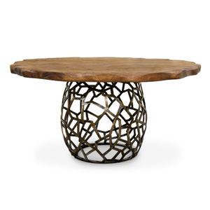 contemporary dining table / wooden / brass / round