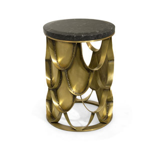 contemporary side table / brushed brass / marble / round