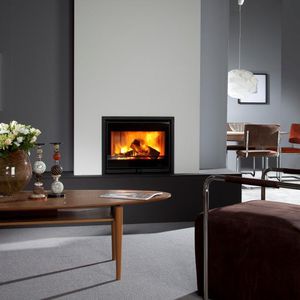 wood fireplace / contemporary / closed hearth / wall-mounted