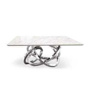 contemporary dining table / polished stainless steel / marble / square