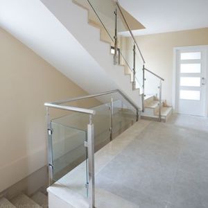 stainless steel railing / glass panel / indoor / for stairs