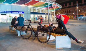 public bench / contemporary / wooden / galvanized steel