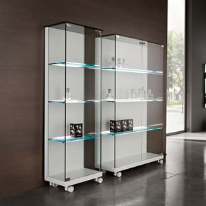 contemporary display case / glass / oak / on casters