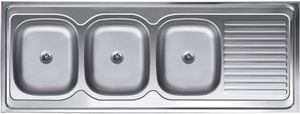 triple-bowl kitchen sink / stainless steel / with drainboard