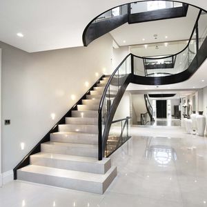 straight staircase / glass railing / wooden frame / stone steps