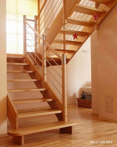 half-turn staircase with a lateral stringer (wooden frame and steps) MOD. 400 LL Interbau