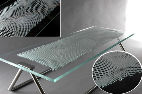 laser engraved patterned float glass panel (for tables, counter-top) by Arik Levy  Vitrics