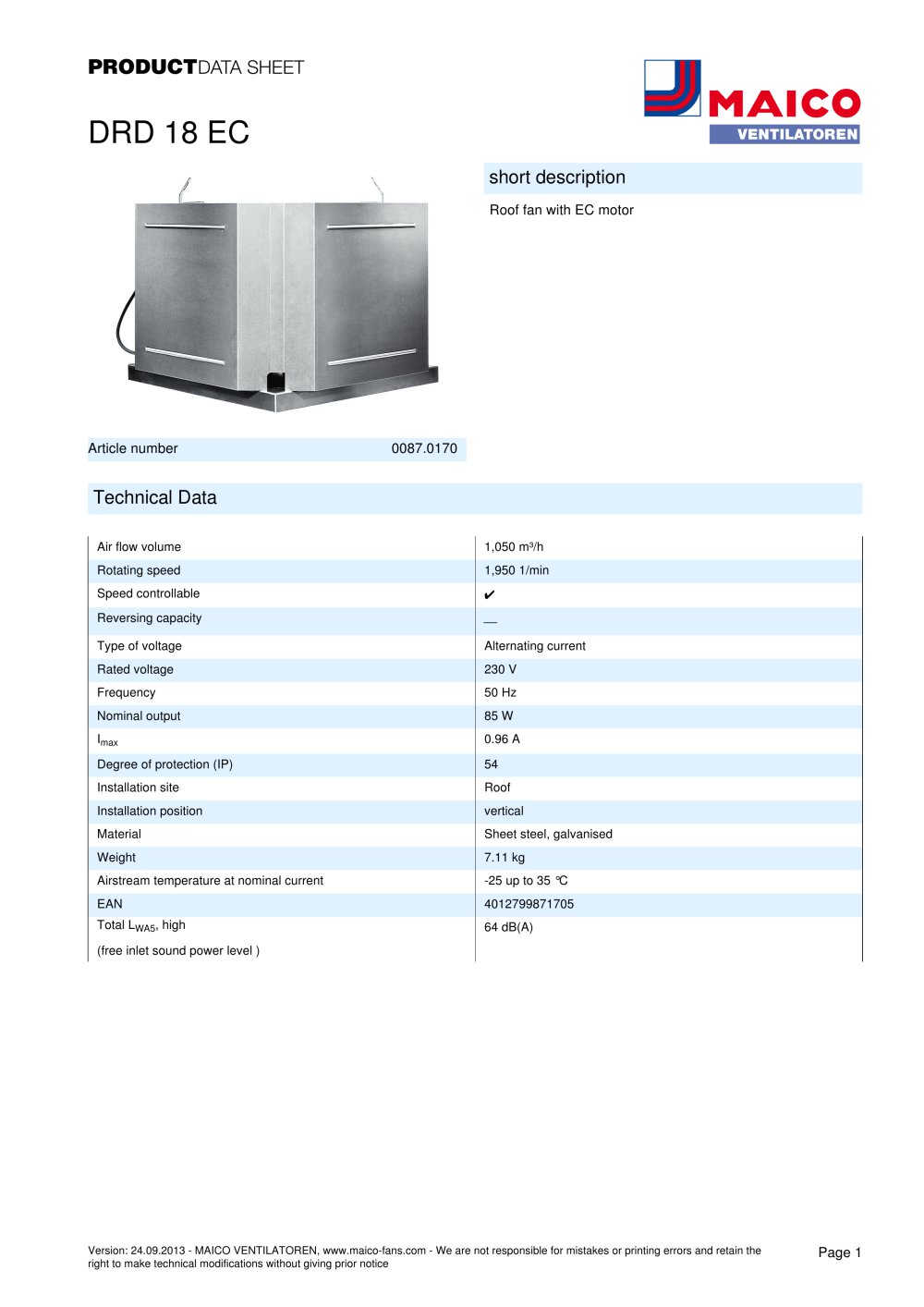 product data sheet roof fan drd 18 ec maico ventilatoren pdf product data sheet