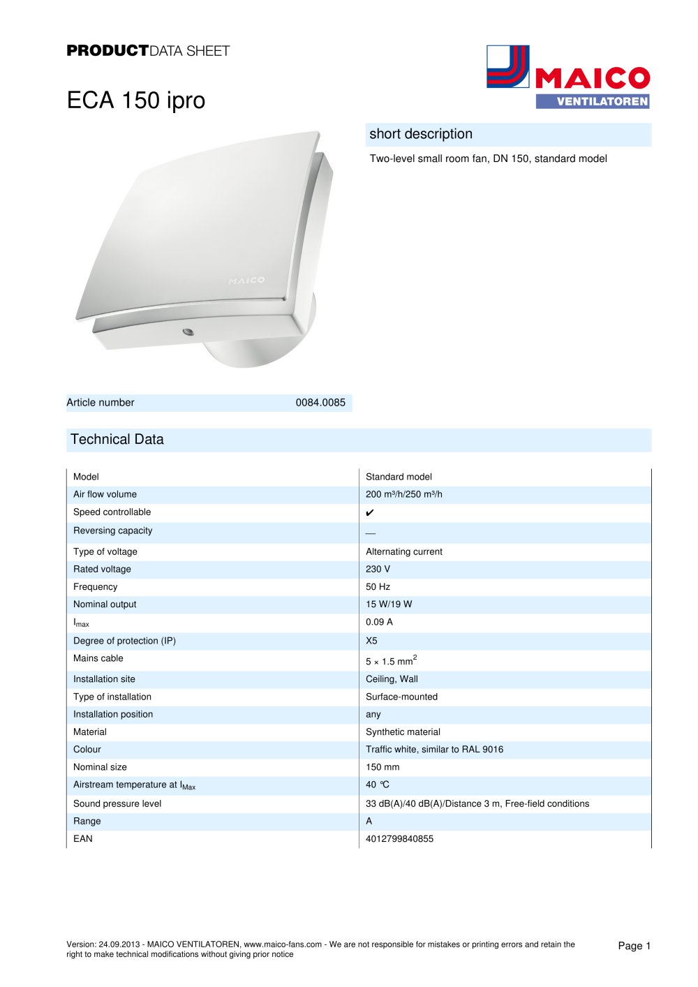 product data sheet small room fan eca 150 ipro maico ventilatoren product data sheet