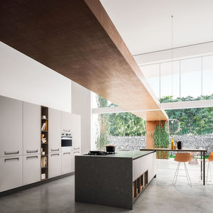 cozinha contemporânea / com folheado de madeira / em madeira lacada / com ilha