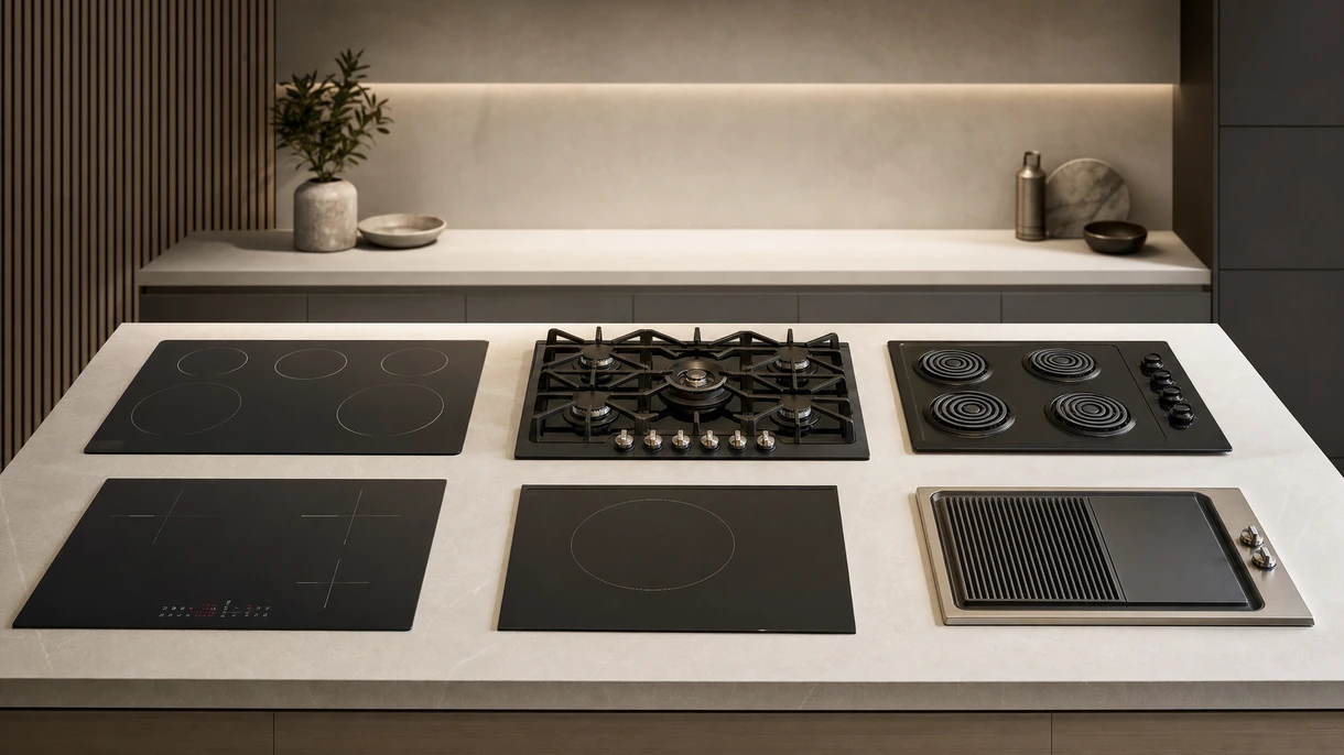 Professional induction cooktop integrated into a minimalist marble island in a luxury high-end hotel suite kitchen environment.