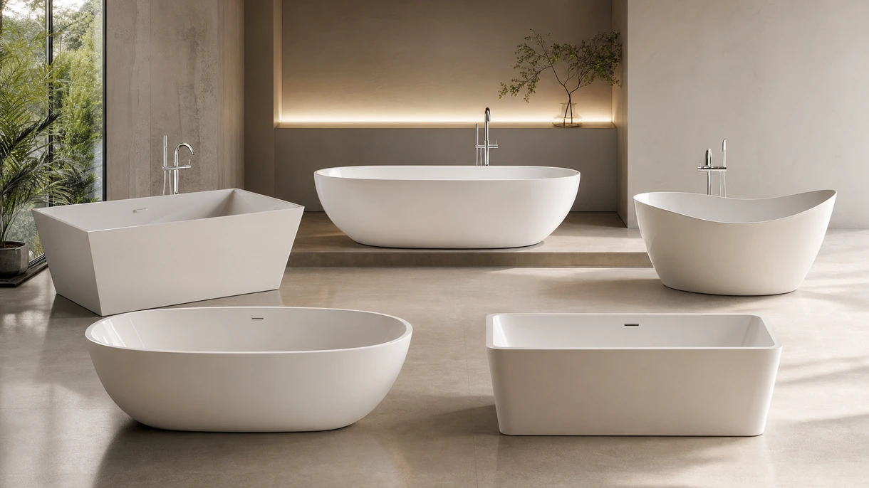 Contemporary hotel bathroom featuring a matte white solid surface composite bathtub positioned against a floor-to-ceiling window view.