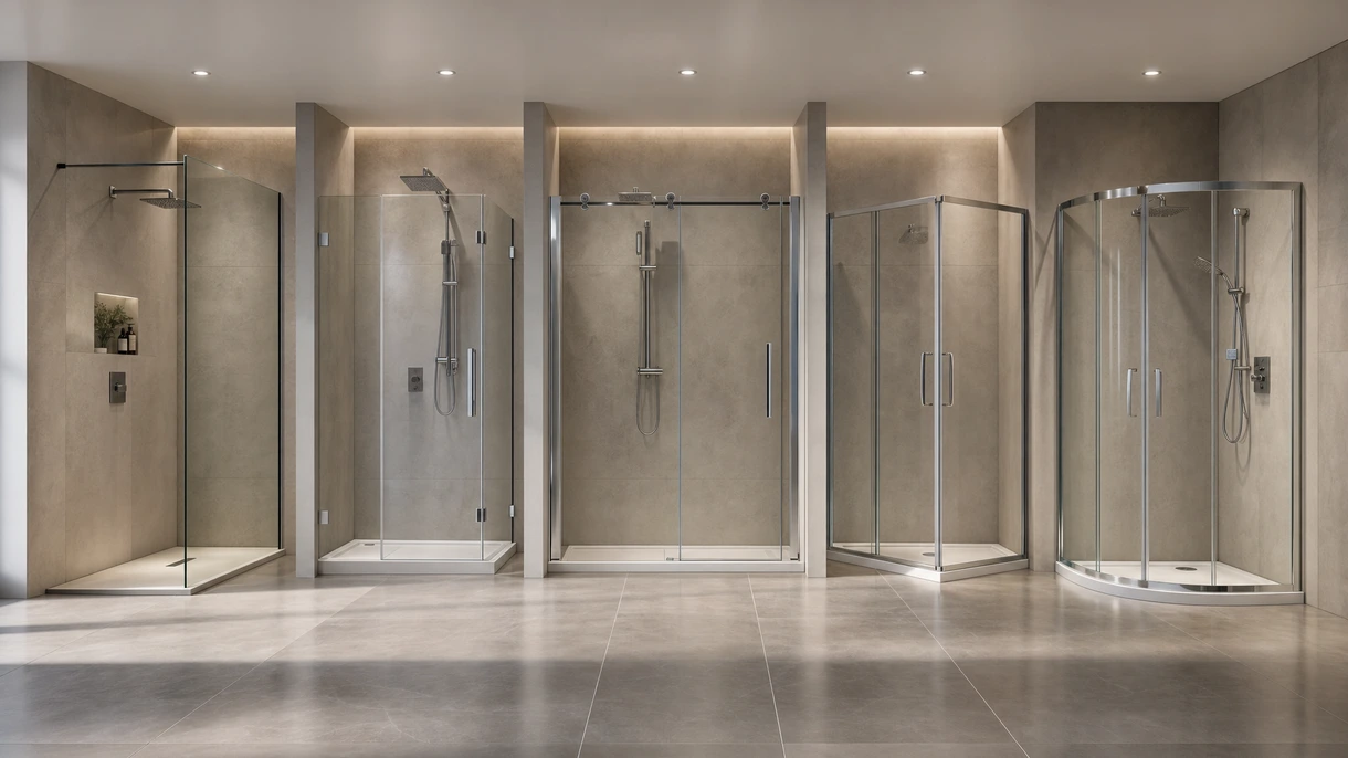 Modern hotel bathroom featuring a frameless glass shower screen with matte black hardware and minimalist walk-in design.