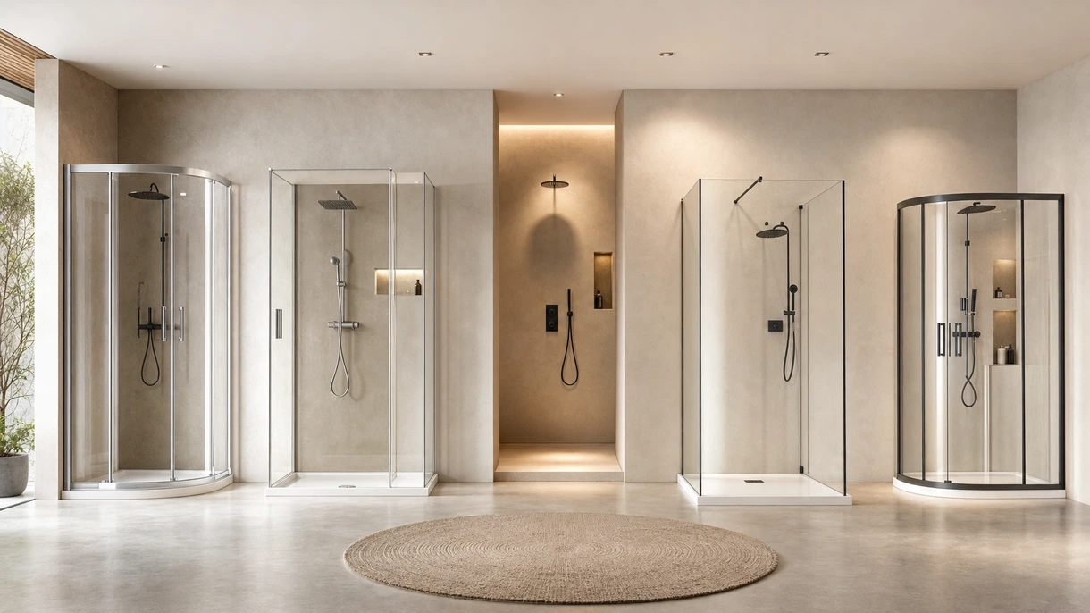 Modern frameless glass shower cubicle installed in a luxury hotel suite with minimalist matte black hardware and stone tiling.