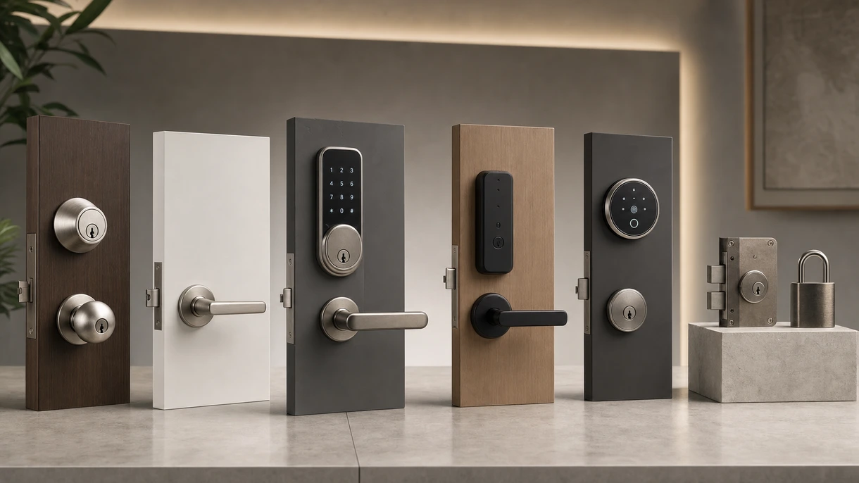Professional installer fitting a smart electronic door lock on a modern glass office door in a commercial building lobby.