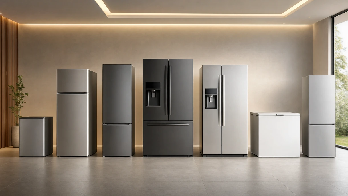 Integrated refrigerator-freezer with custom wood panels in a minimalist professional office kitchen featuring high-end cabinetry.