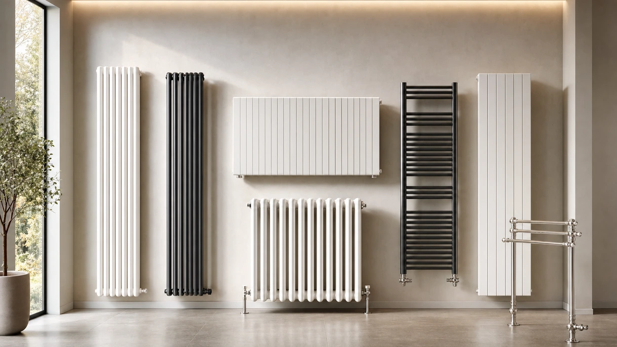 Modern hydronic radiator installed in a contemporary office lobby featuring clean lines and efficient architectural integration for professional heating.