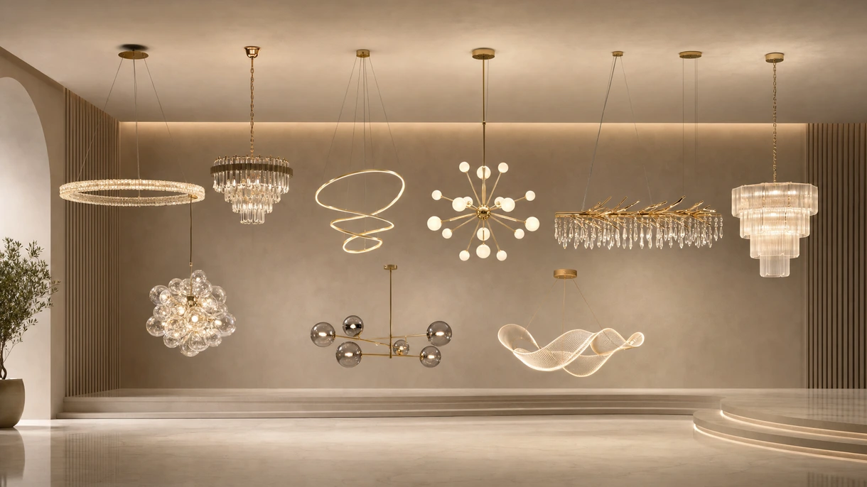 Contemporary chandelier in a luxury hotel lobby showing high-performance architectural lighting design for hospitality interiors.