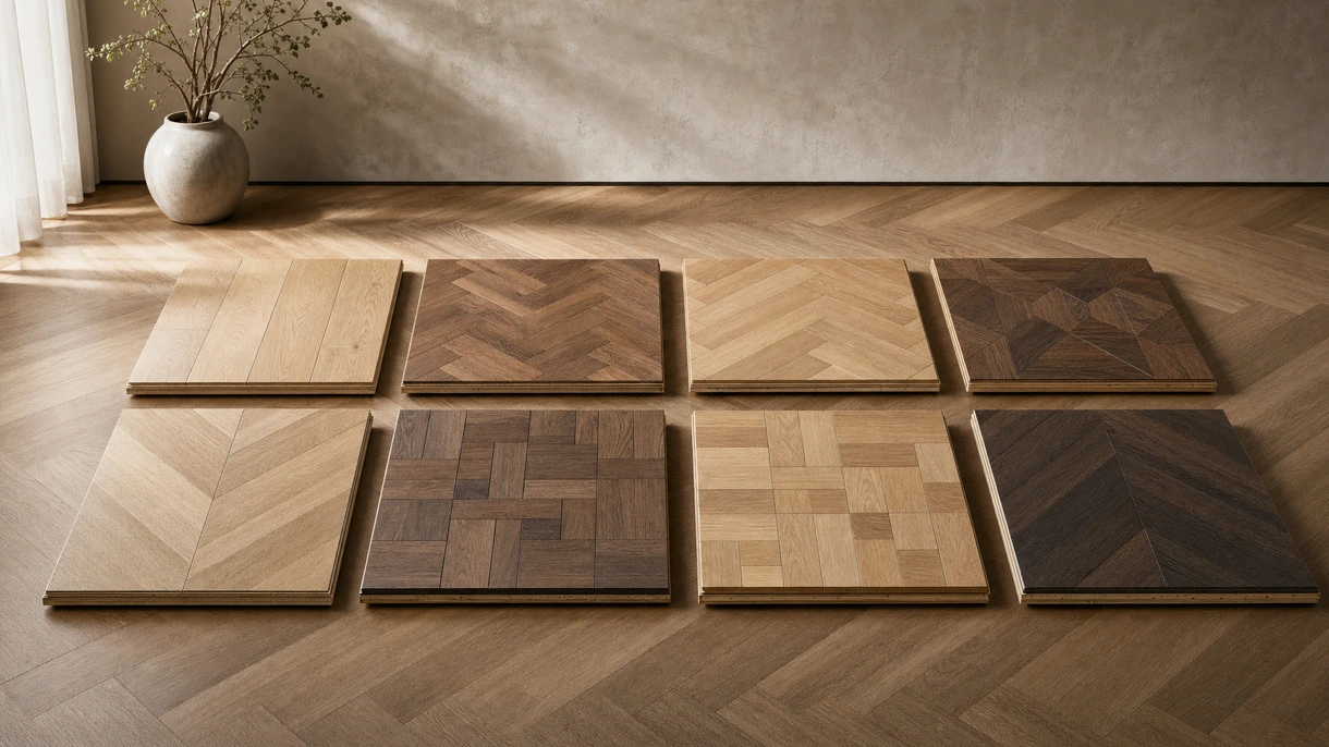 Modern office interior featuring wide-plank engineered parquet flooring installed in a spacious open-plan professional reception area.