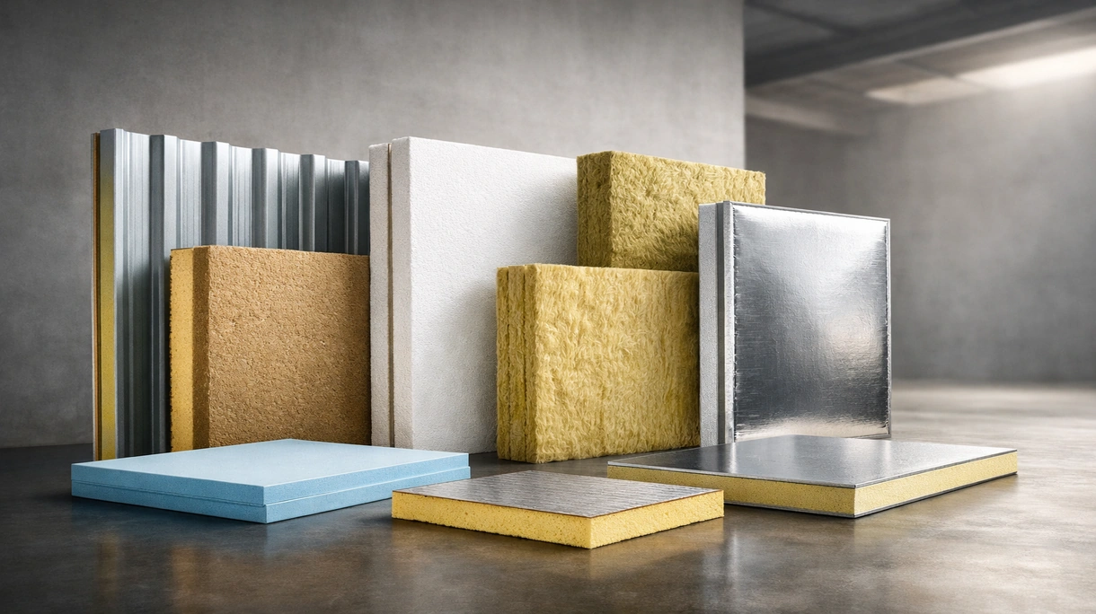 Professional contractors installing rigid insulation panels on a commercial building facade during a large scale urban construction project.