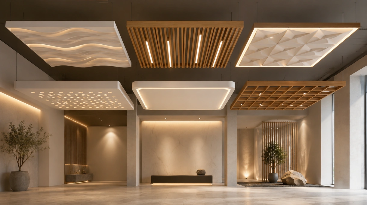 Modern corporate lobby featuring a high-performance acoustic suspended ceiling with integrated linear lighting and wood baffles.