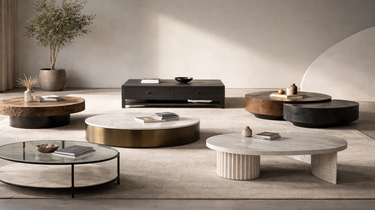 Modern contract coffee table situated in a luxury hotel lobby with designer armchairs and contemporary architectural lighting.