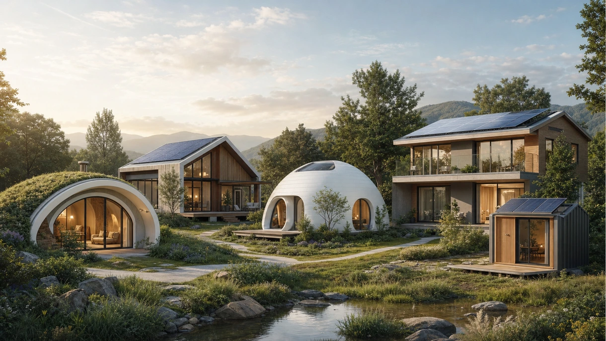 Sustainable modern residence featuring solar glass and natural wood cladding in an urban professional development setting.
