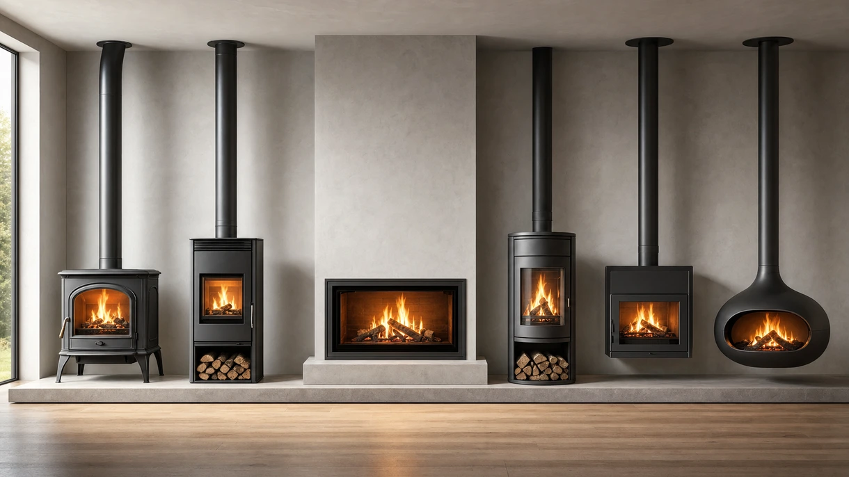 Modern minimalist wood-burning fireplace integrated into a luxury hotel lobby featuring floor-to-ceiling glass and stone wall.