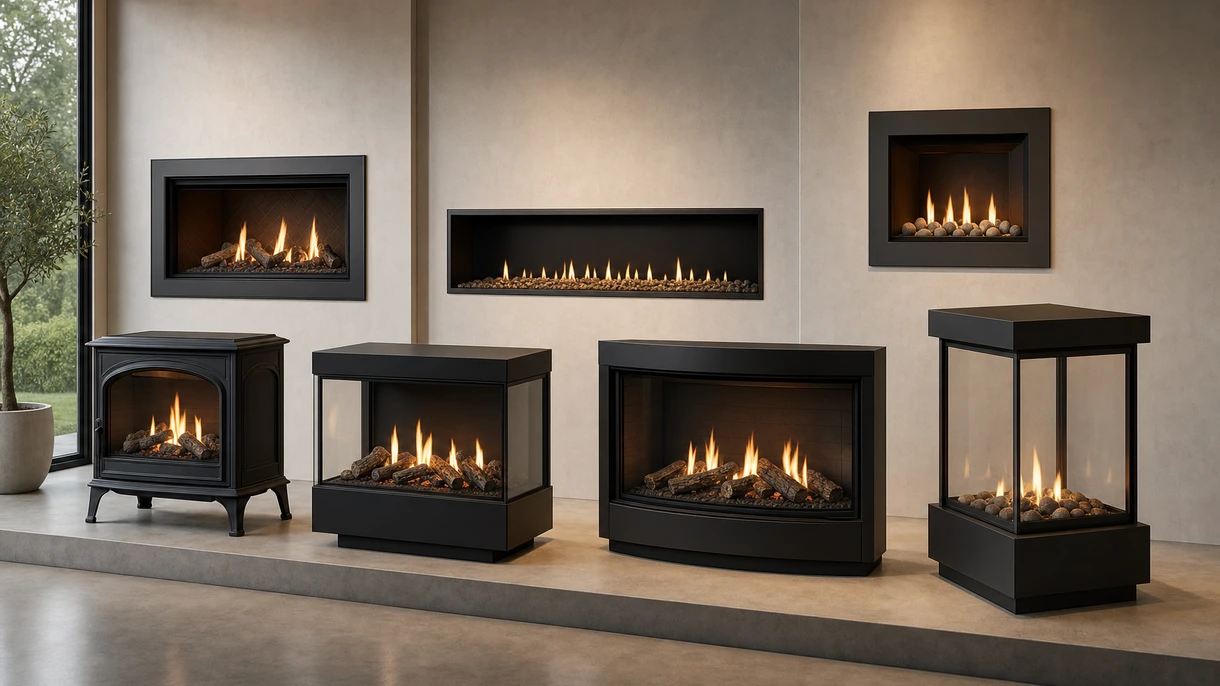 Modern linear gas fireplace integrated into a minimalist hotel lobby wall featuring stone cladding and warm ambient lighting.