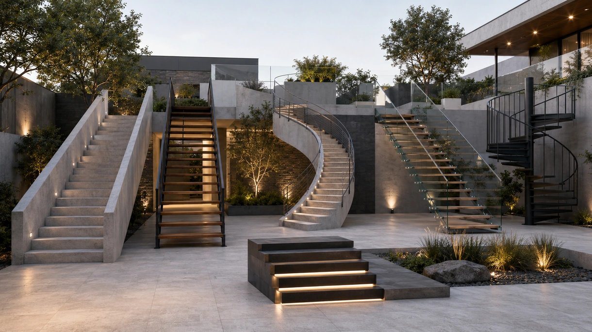 Modern office building exterior featuring a cantilevered steel staircase with glass balustrades and integrated safety lighting.