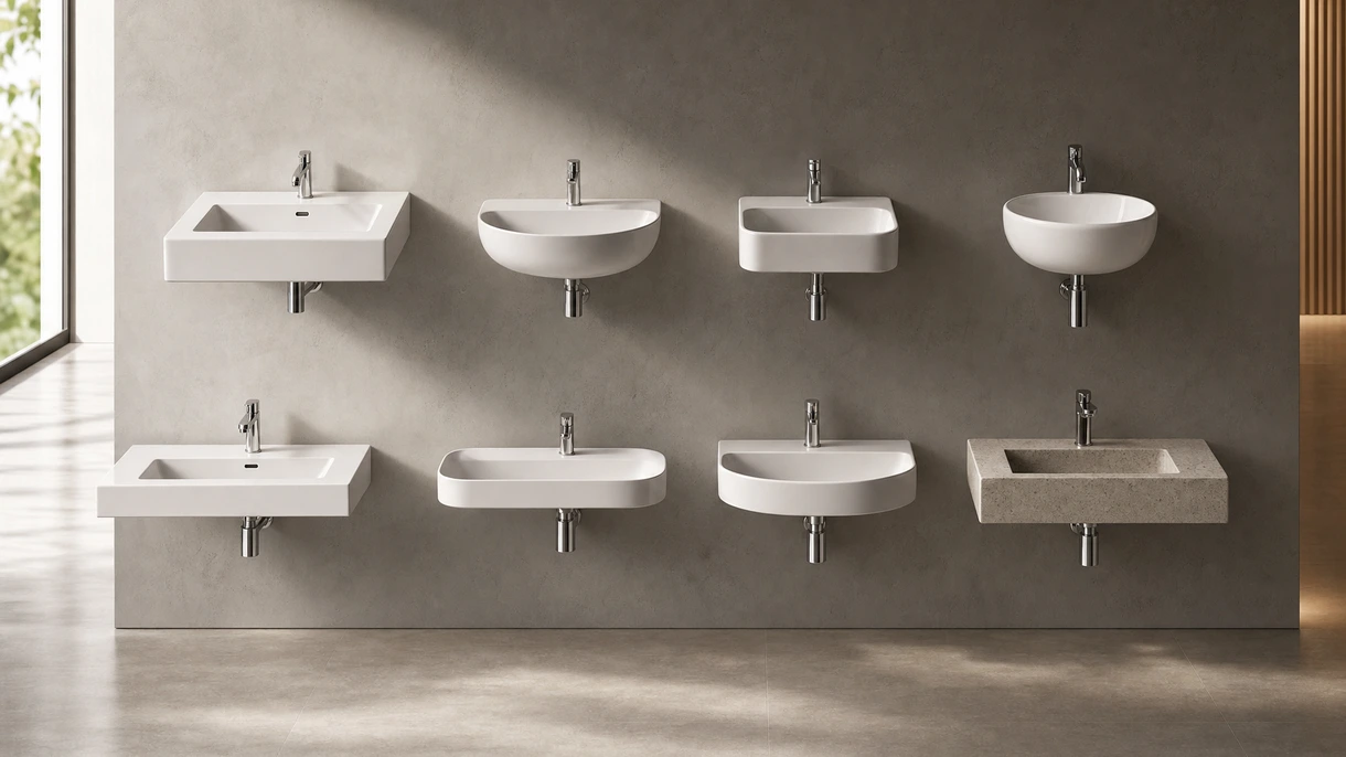 Minimalist wall-mounted washbasin in a luxury hotel bathroom with matte black fixtures and large-format porcelain wall tiles.