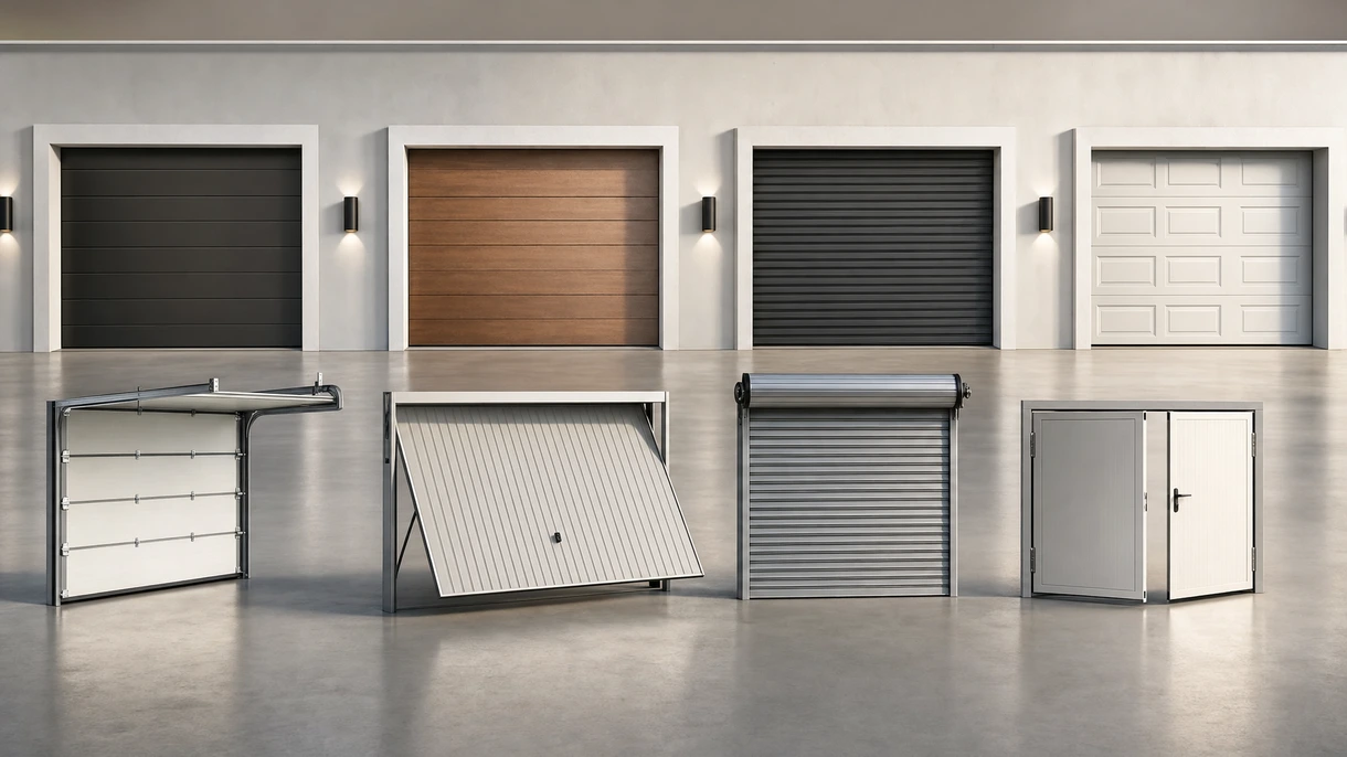 Contemporary black sectional garage door integrated into a modern luxury villa facade with integrated exterior lighting.