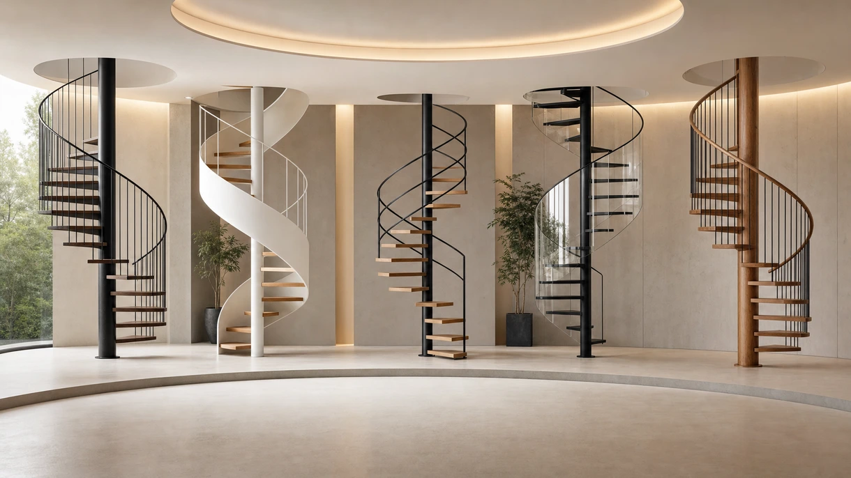 Modern spiral staircase in a professional office lobby with stainless steel railings and high-traffic wooden treads.