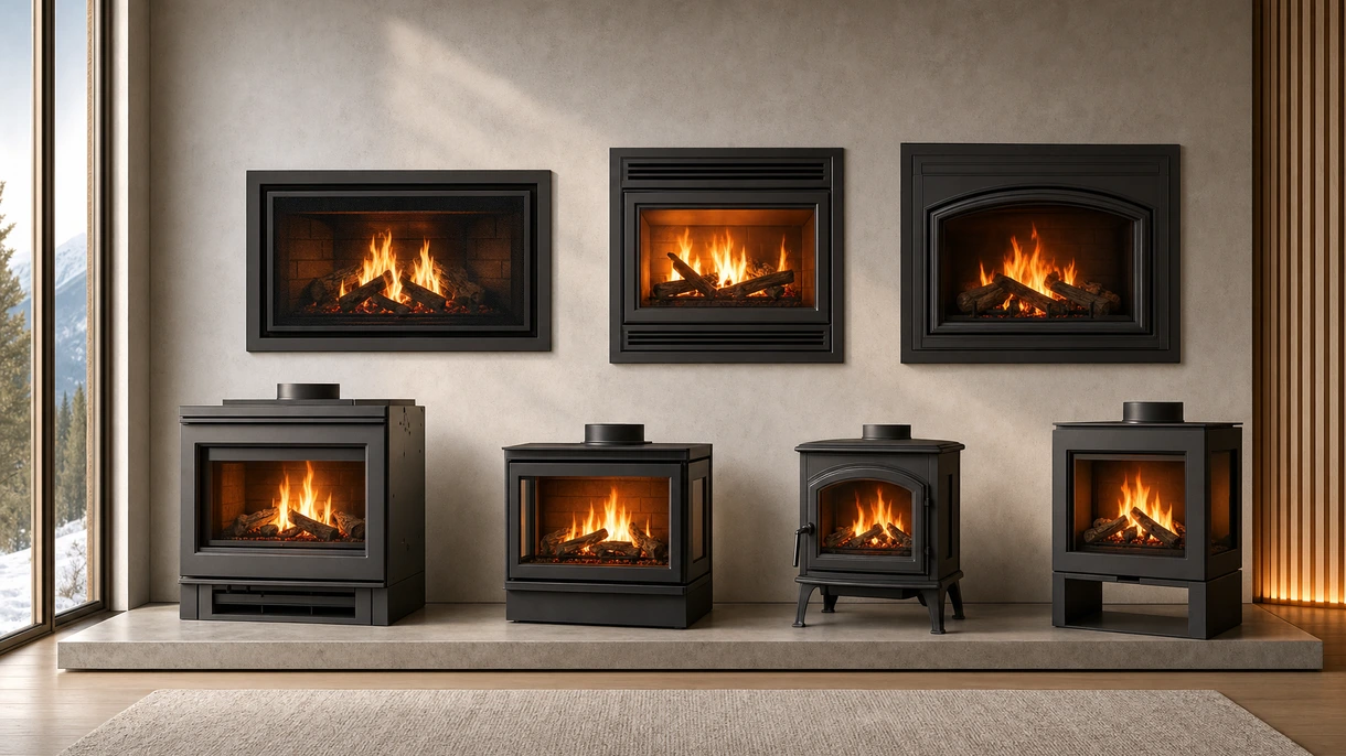 Modern fireplace insert installed in a luxury hotel lounge featuring a minimalist stone surround and clean glass window.