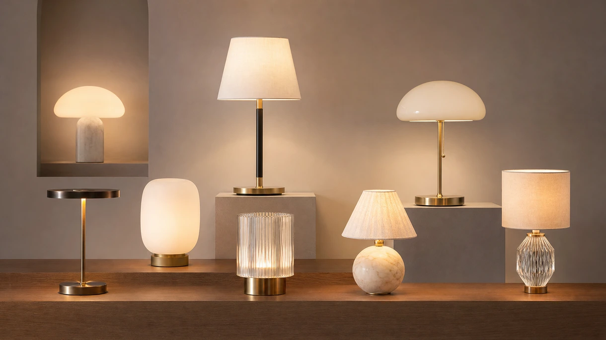 Modern architectural table lamp illuminating a professional workstation in a contemporary open-plan corporate office with natural lighting.