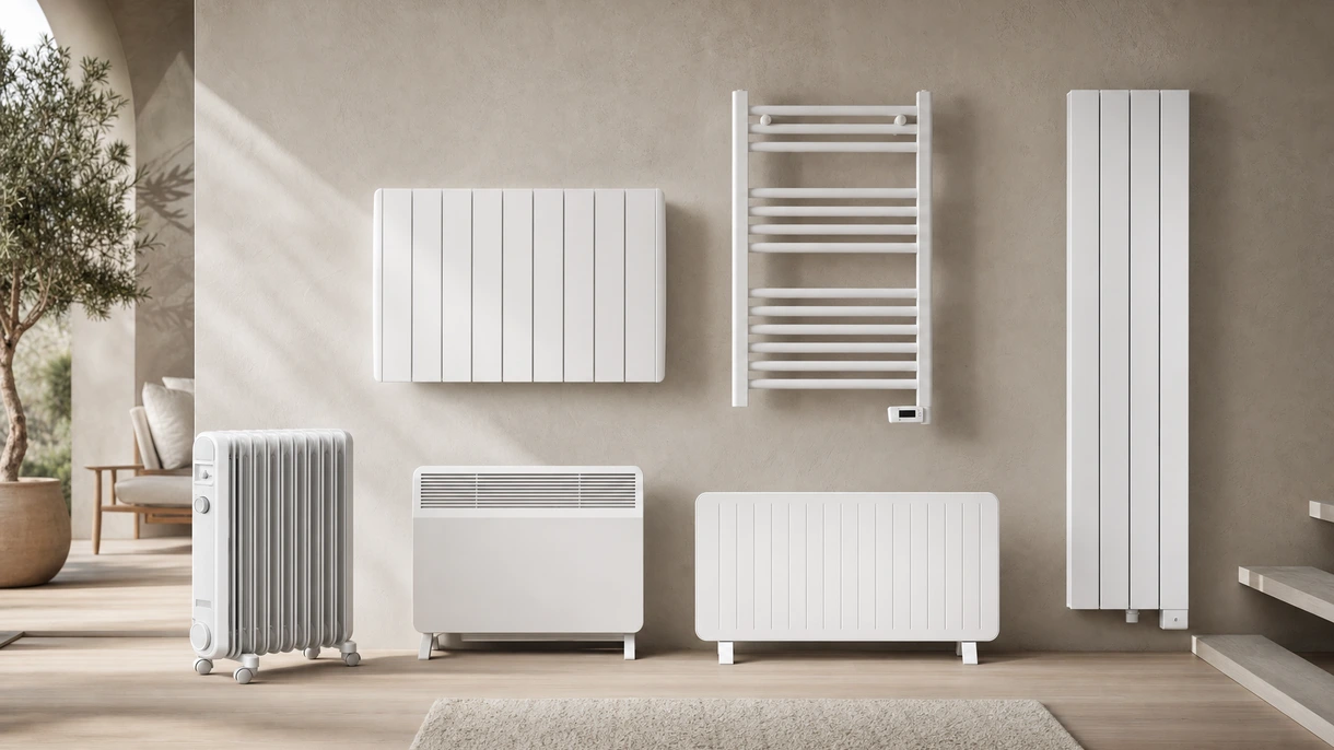 Modern designer electric radiator installed in a minimalist high-end office lounge providing discrete and efficient climate control.