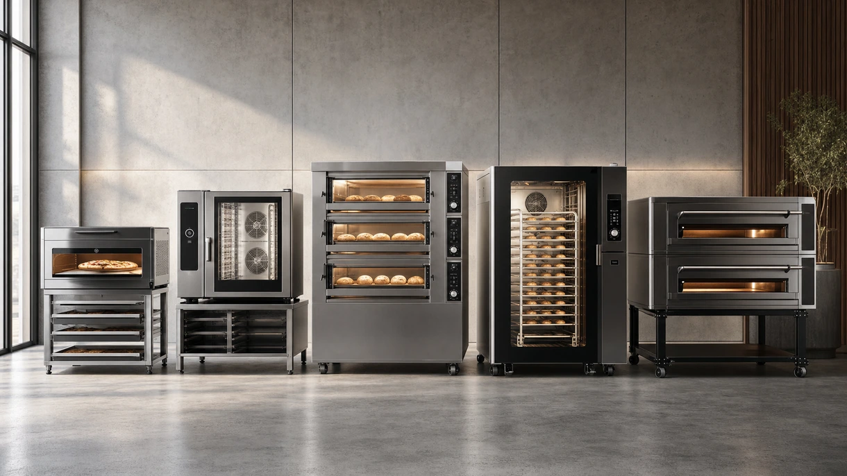 Chef loading trays into a stainless steel professional combi oven in a modern high-volume commercial kitchen environment.