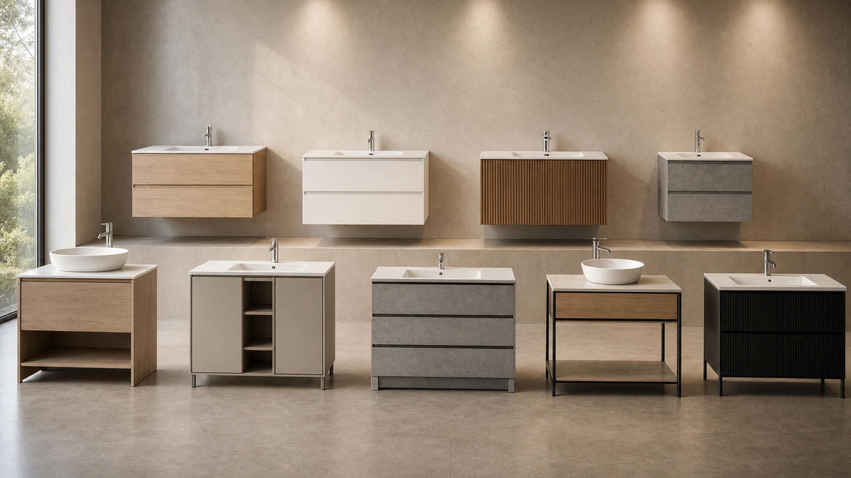 Modern wall-mounted washbasin cabinet with stone countertop installed in a contemporary hotel bathroom with neutral tiling.