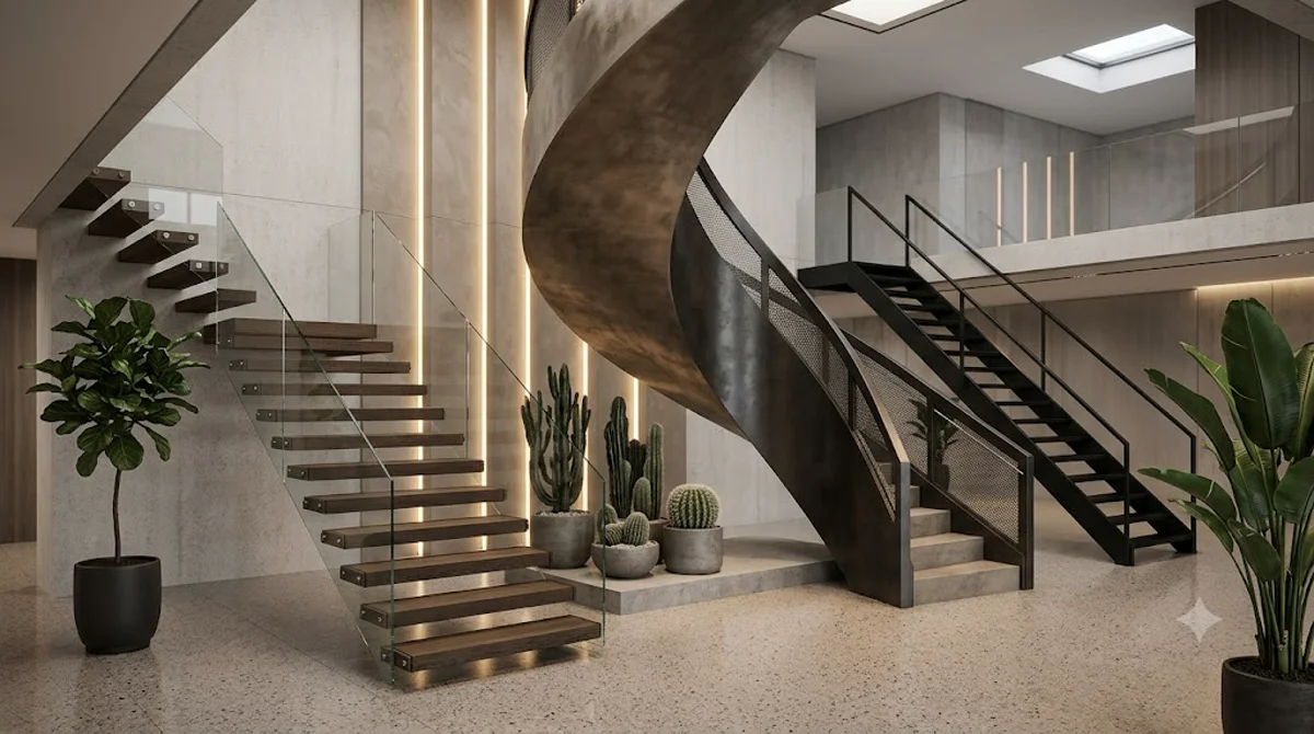 Modern architectural metal staircase with glass balustrade in a high-traffic commercial lobby of a contemporary office.