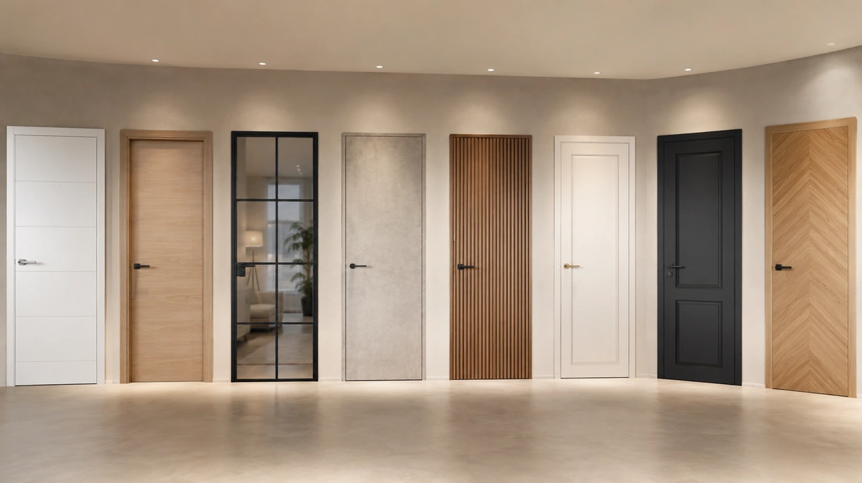 Minimalist flush interior door in a corporate office hallway with integrated smart access and matte black hardware.