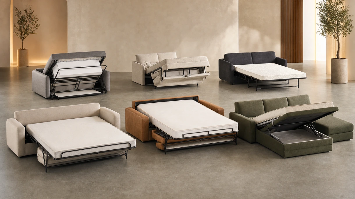 Modern grey sofa bed integrated into a luxury hotel suite showing the conversion from seating to a prepared sleeping area.