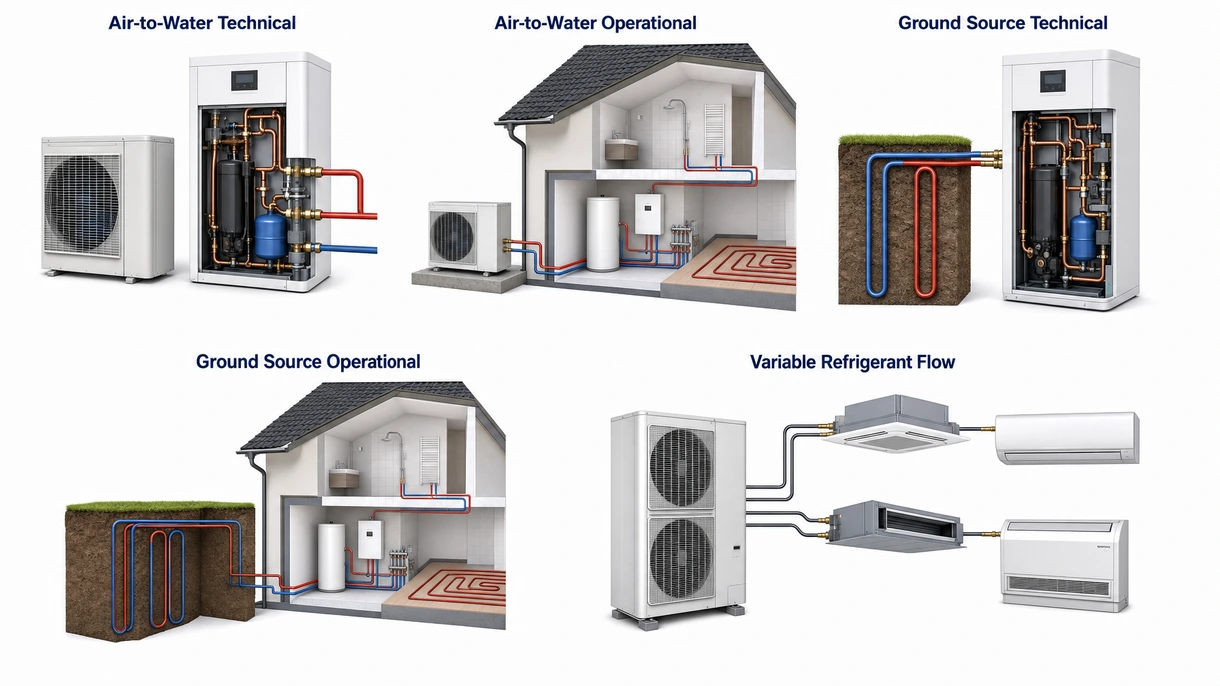 Close-up of a high-performance heat pump scroll compressor and insulated internal copper piping for thermal efficiency.