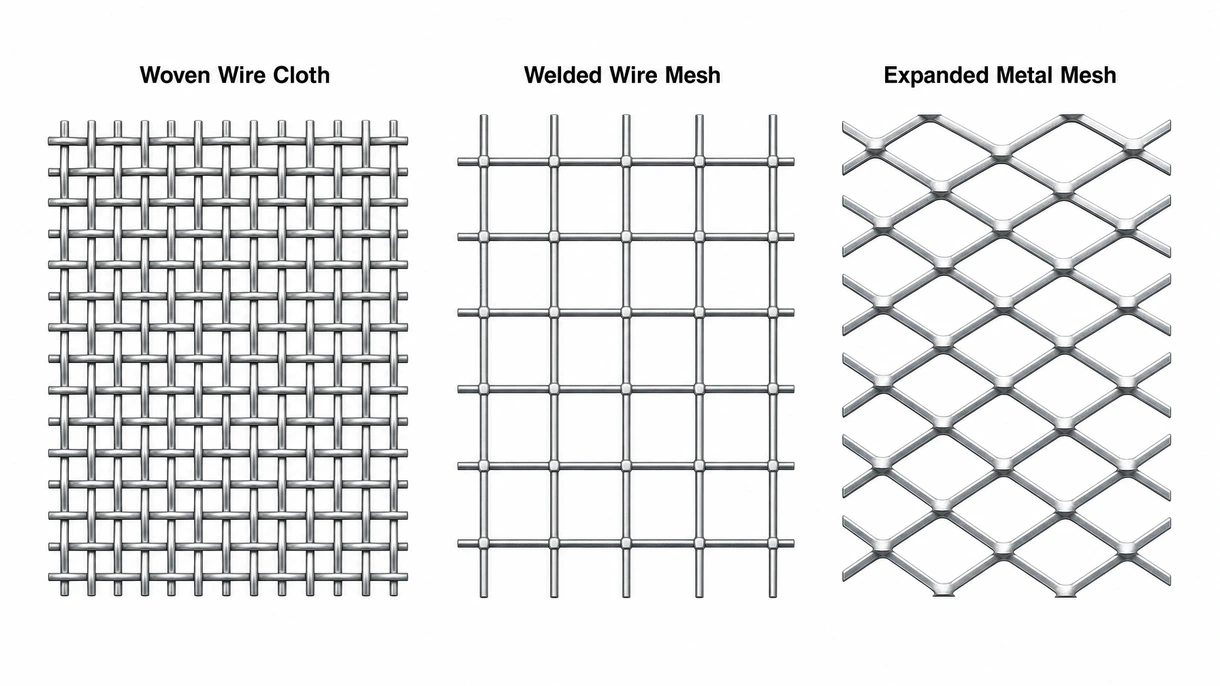 Technical macro view of a high-precision woven metal wire mesh showing interlocked weave pattern and material finish detail.