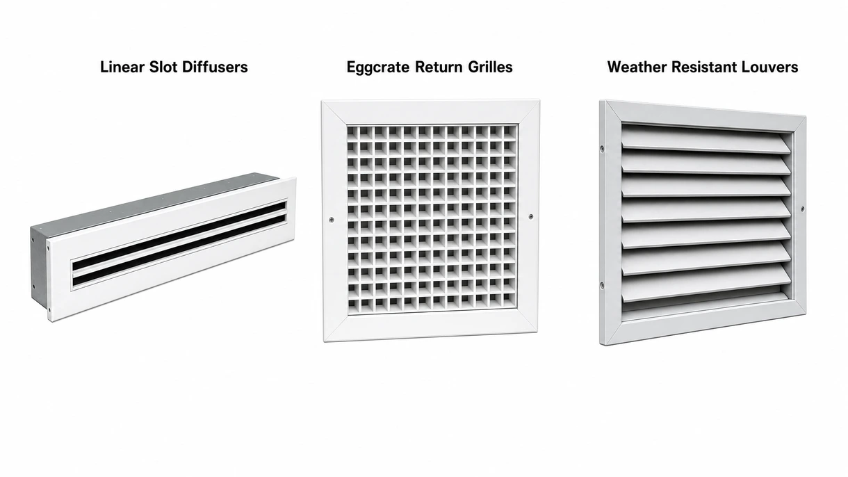 Technical close-up of a stainless steel ventilation grill showing the precision blade angle and weather-resistant finish details.