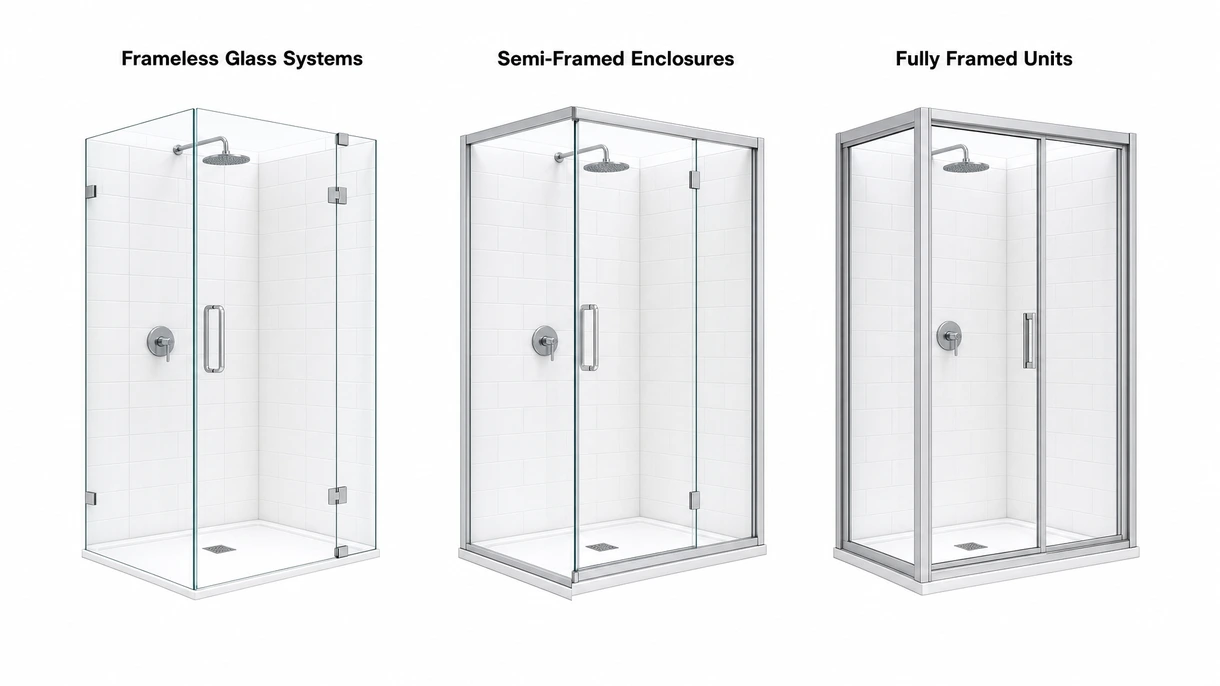 Technical detail of a stainless steel pivot hinge and water-tight seal on a clear tempered glass shower partition.