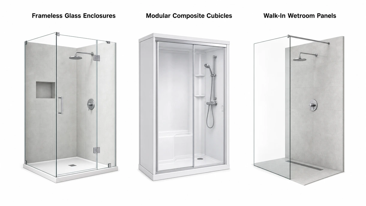 Detailed close-up of a stainless steel pivot hinge and watertight silicone seal on a commercial-grade shower enclosure.