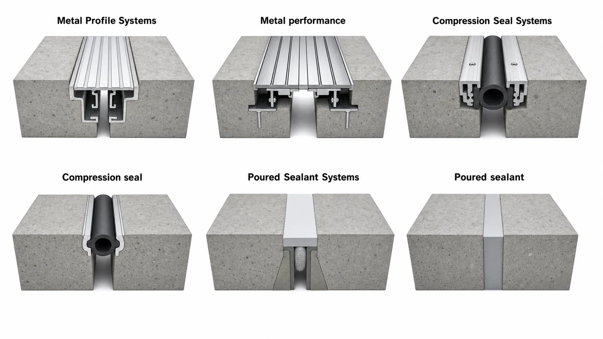 Technical cross-section detail of a heavy-duty aluminum expansion joint with a black reinforced EPDM rubber waterproof seal.
