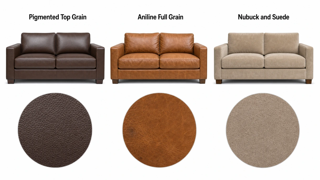Technical macro photograph showing the double-stitched reinforced seams and natural grain texture of high-performance pigmented contract grade leather.