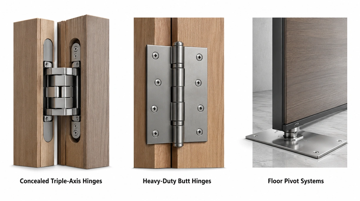 Technical close-up of a triple-way adjustable stainless steel hinge mechanism showing the precision alignment screws and pivot point.